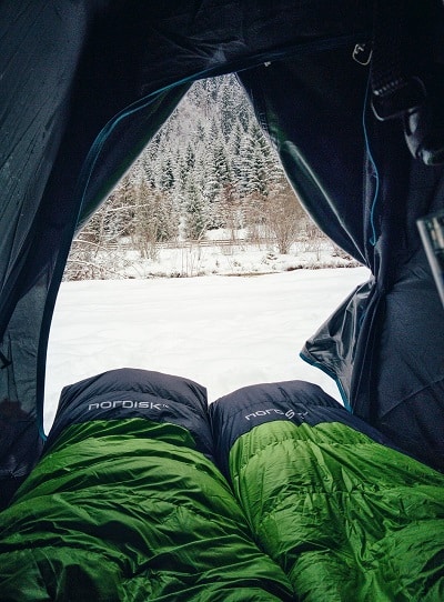 winter camping sleeping bags in tent